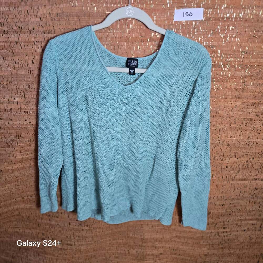 Eileen Fisher Woman 1X Light Blue Green Linen Open Knit V-Neck Sweater